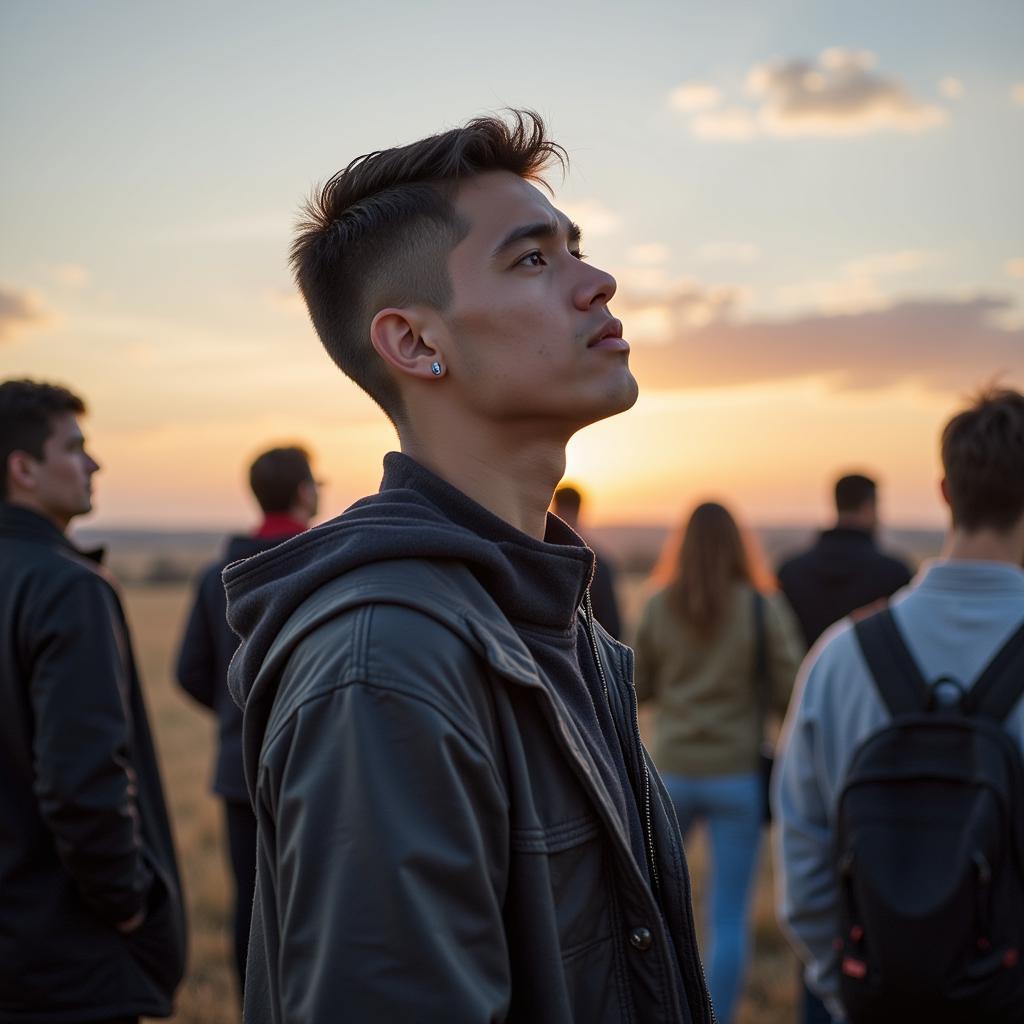 A student standing alone, looking contemplative