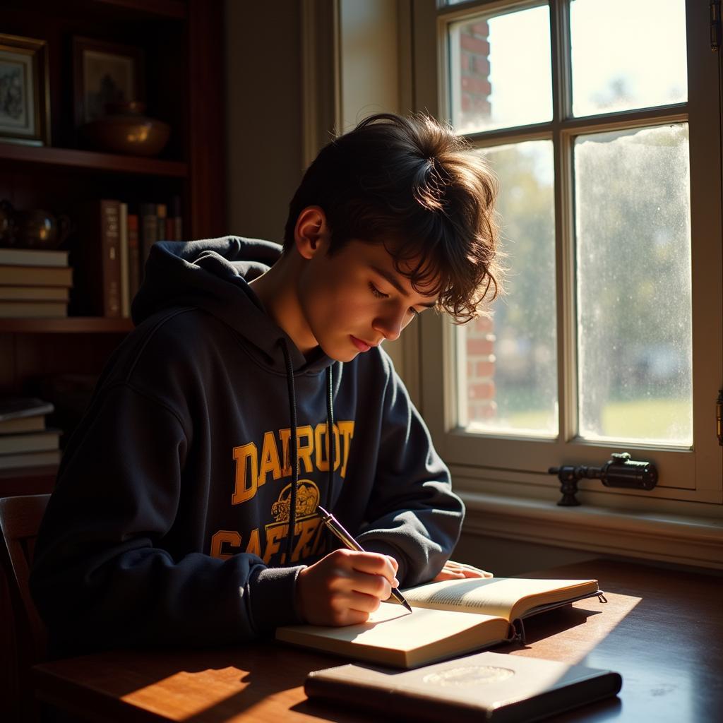 A person writing in a notebook while wearing a Dead Poets Society hoodie