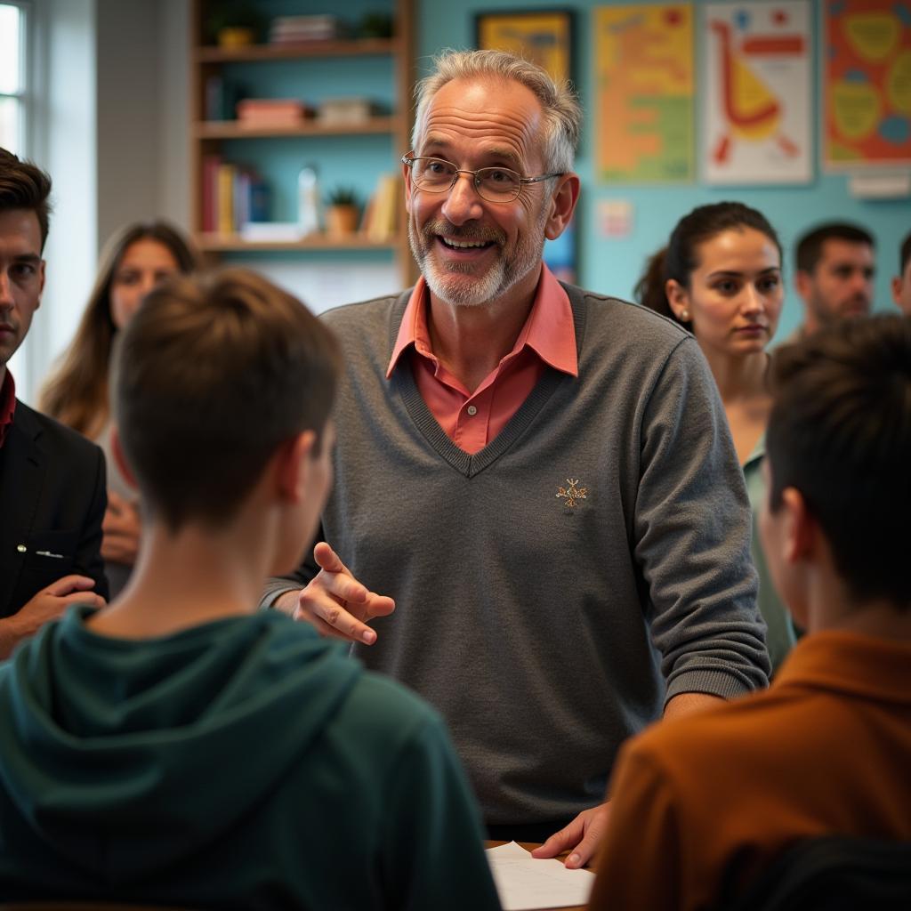 John Keating, the inspiring teacher, guiding his students in "Dead Poets Society"