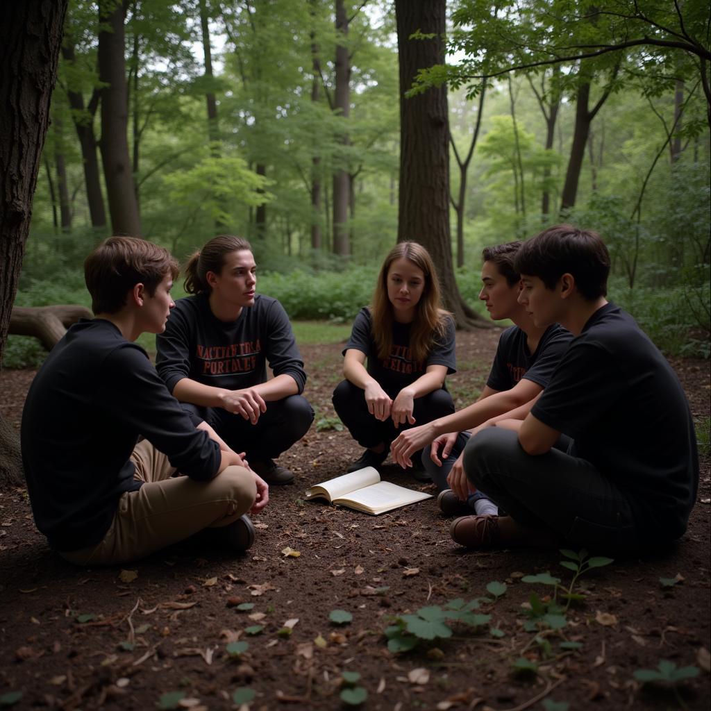 A group of students gathering outdoors in "Dead Poets Society"