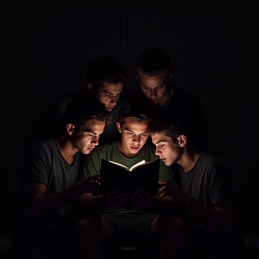 Students huddled together, passionately reading from a book