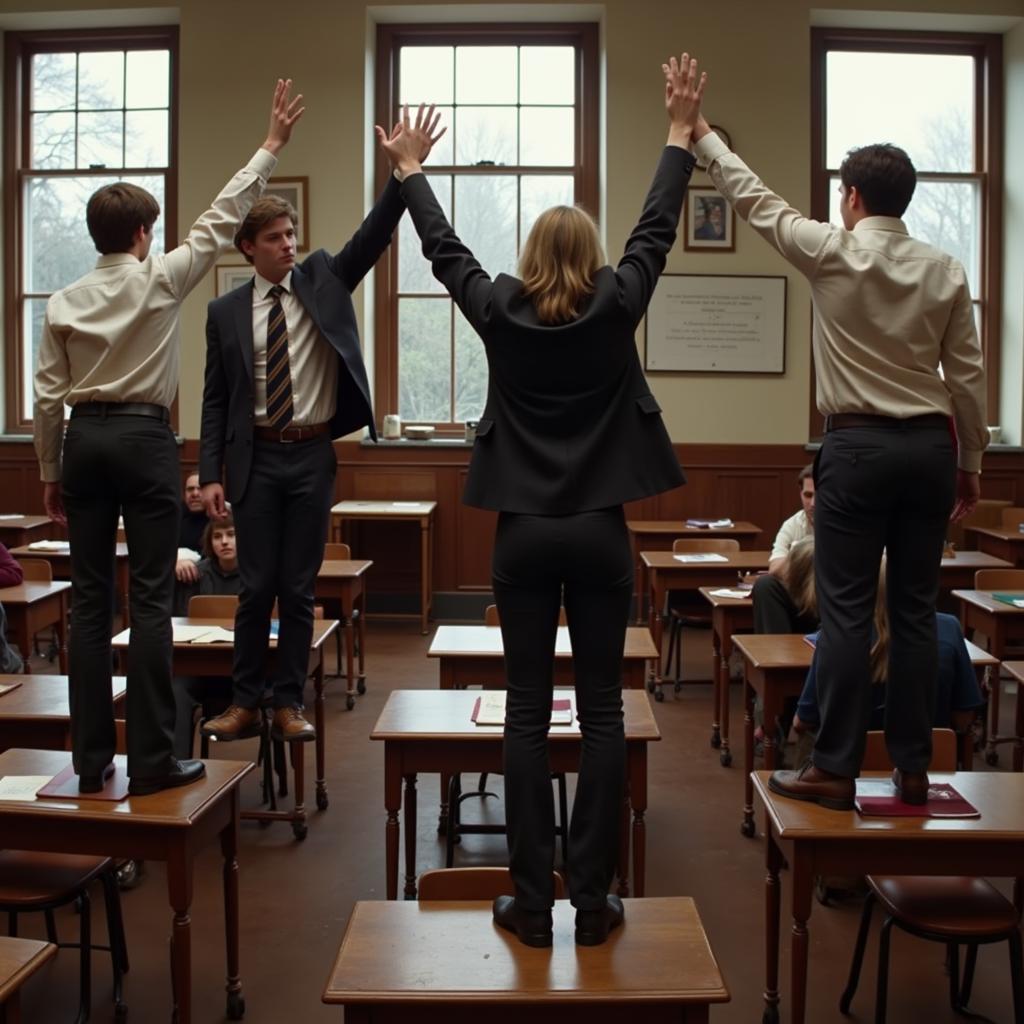 Students standing on their desks in solidarity