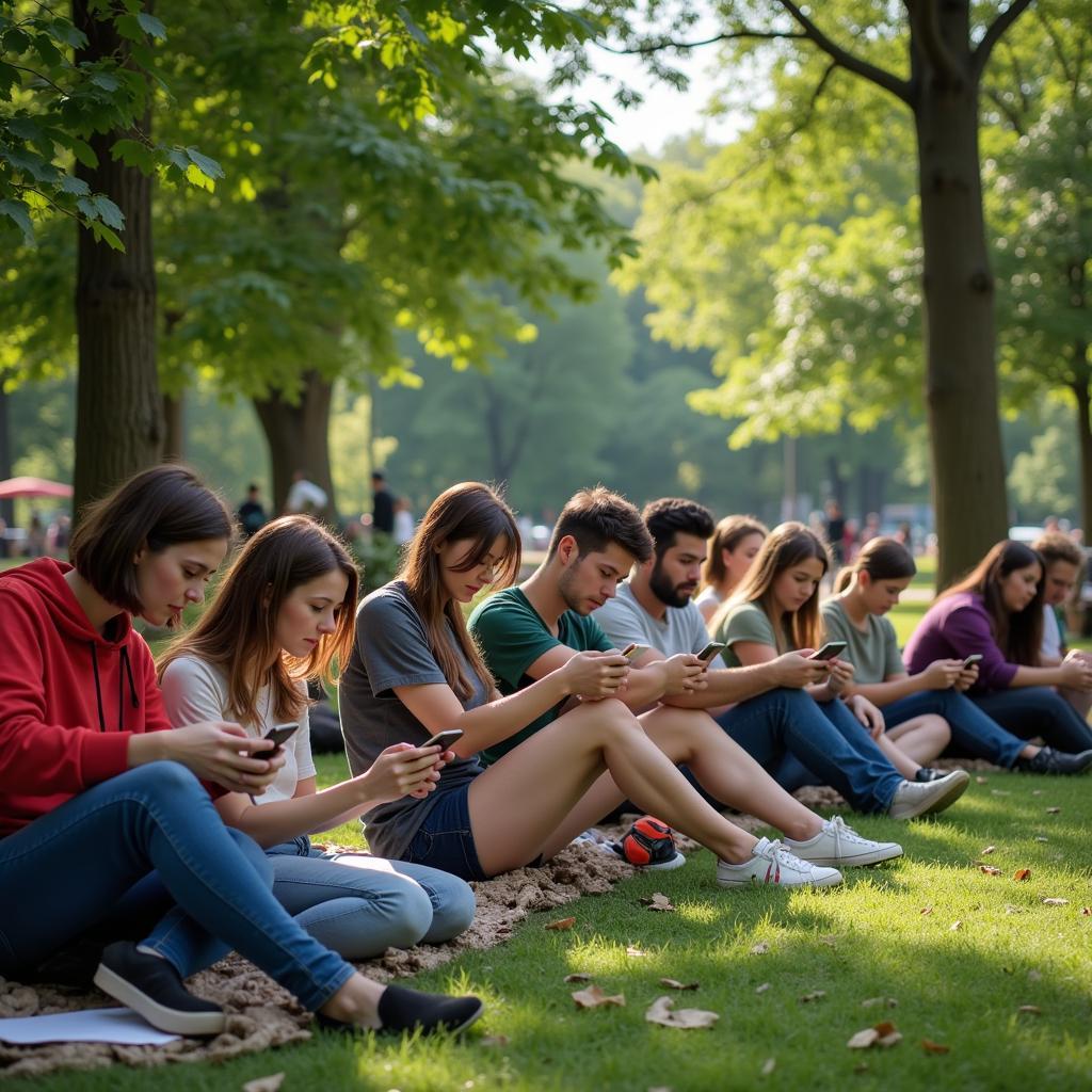 People glued to their phones in a park