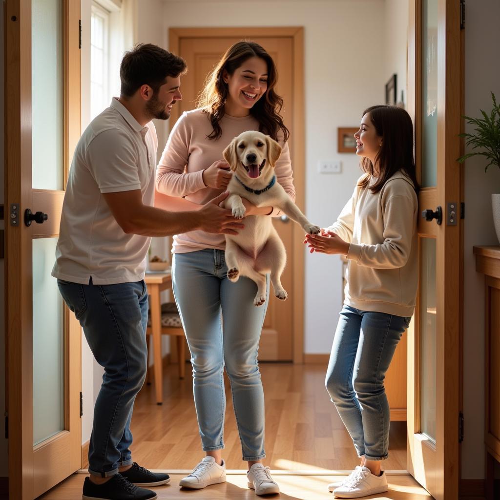 A happy family welcoming their newly adopted dog