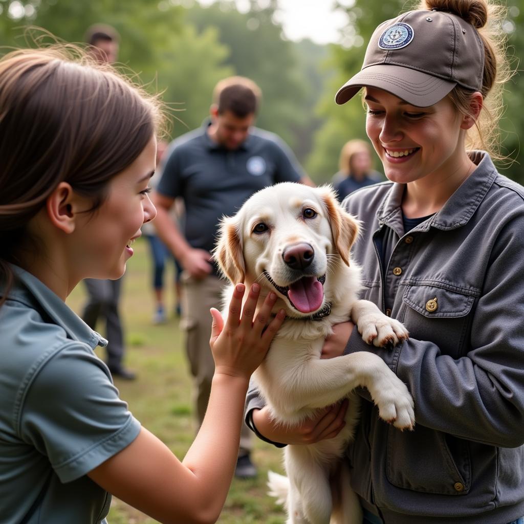 A volunteer joyfully walks a happy dog in a park setting