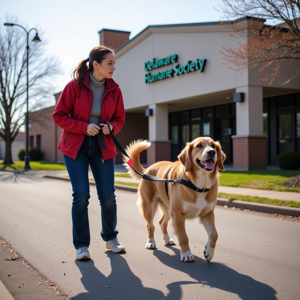 Volunteer Walking a Dog at the Delaware Humane Society