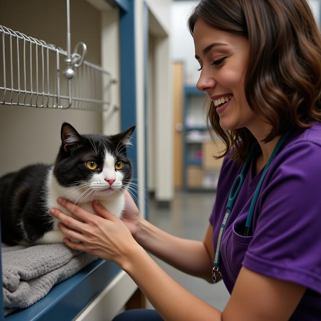 Volunteer comforting a cat in a cozy enclosure at the Delta Humane Society