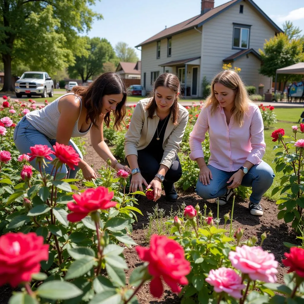 Members of the Denver Rose Society tending to a community rose garden