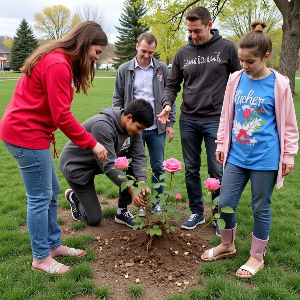 Denver Rose Society volunteers planting roses in a public park