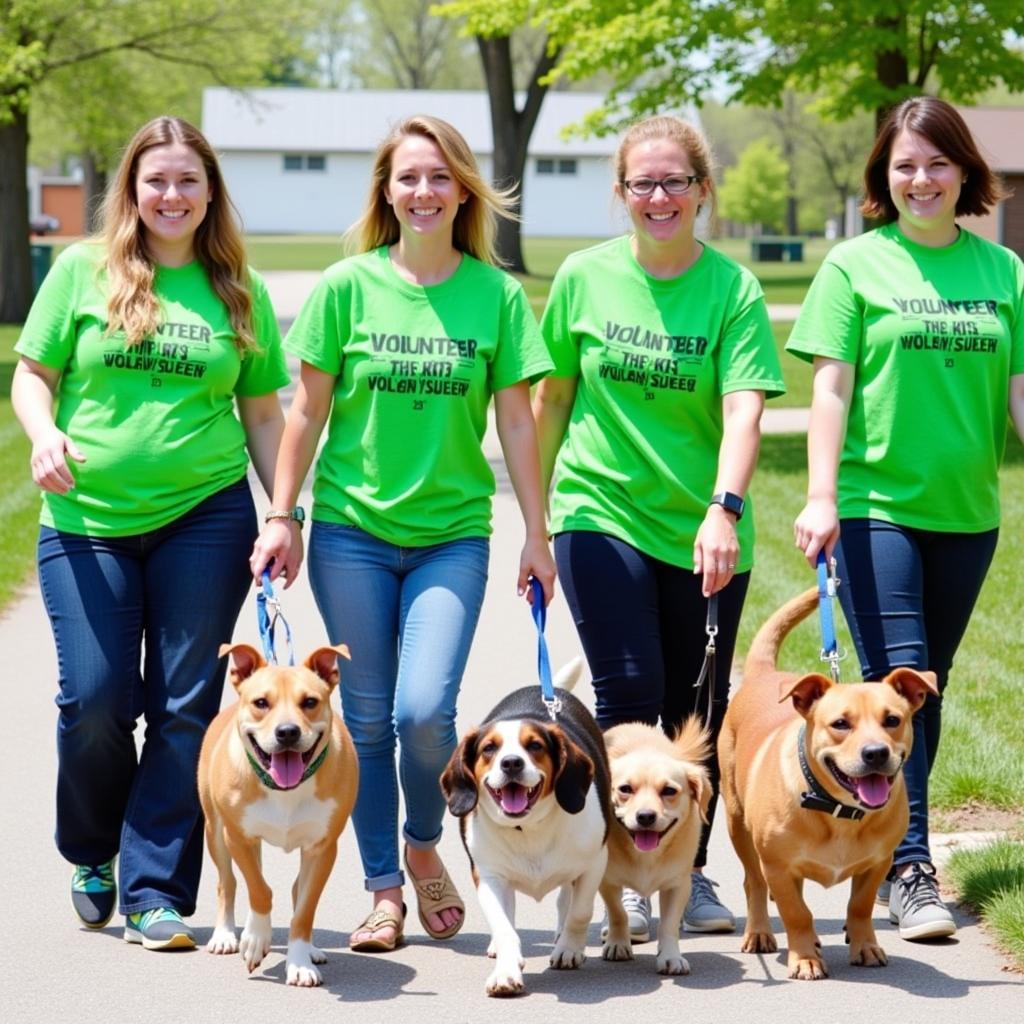 Volunteers and staff at the Derby KS Humane Society taking dogs for a walk.