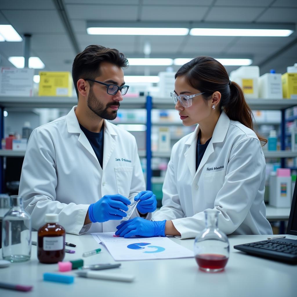 Researchers working in a dermatology laboratory