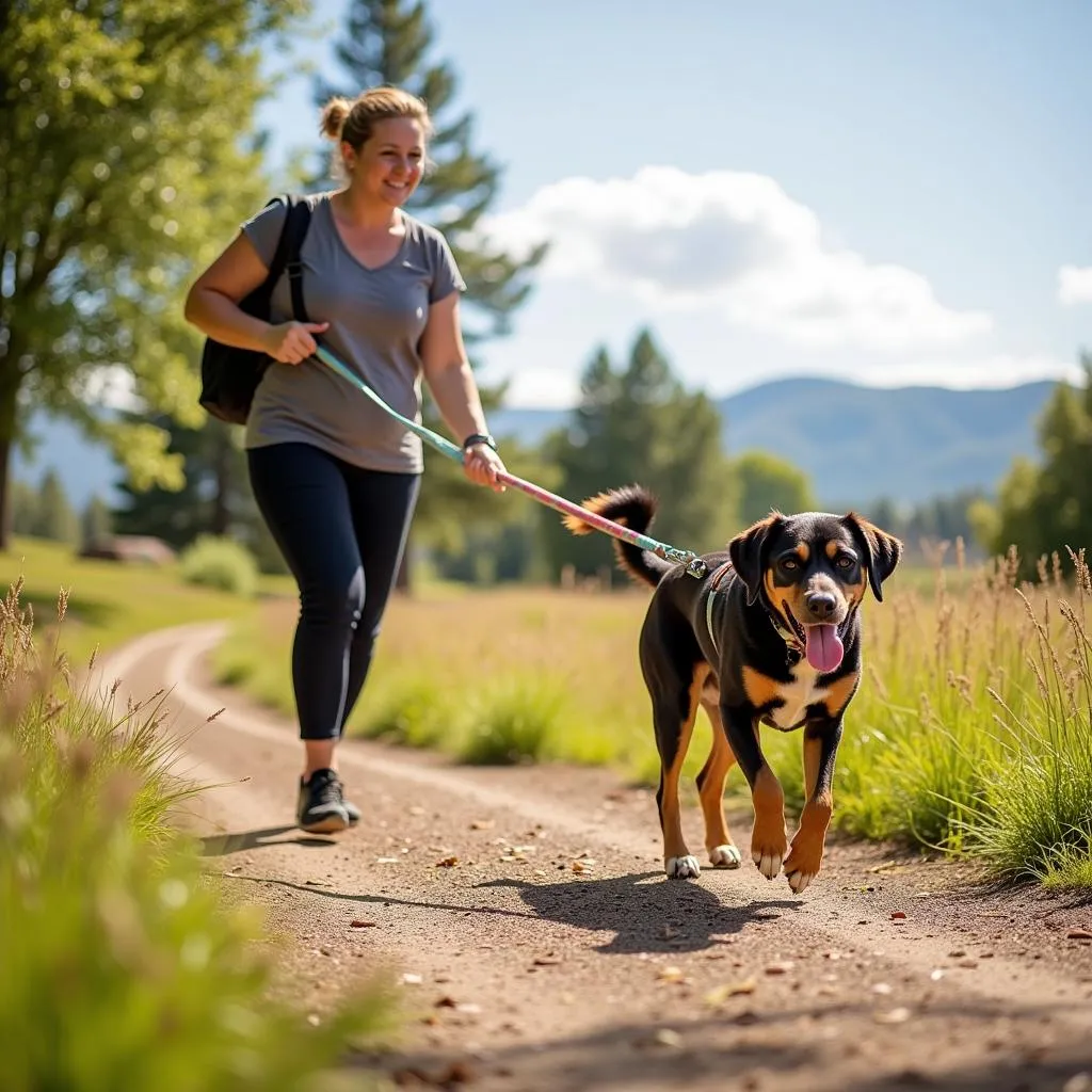 A Deschutes County Humane Society volunteer enjoys a sunny walk with a happy dog