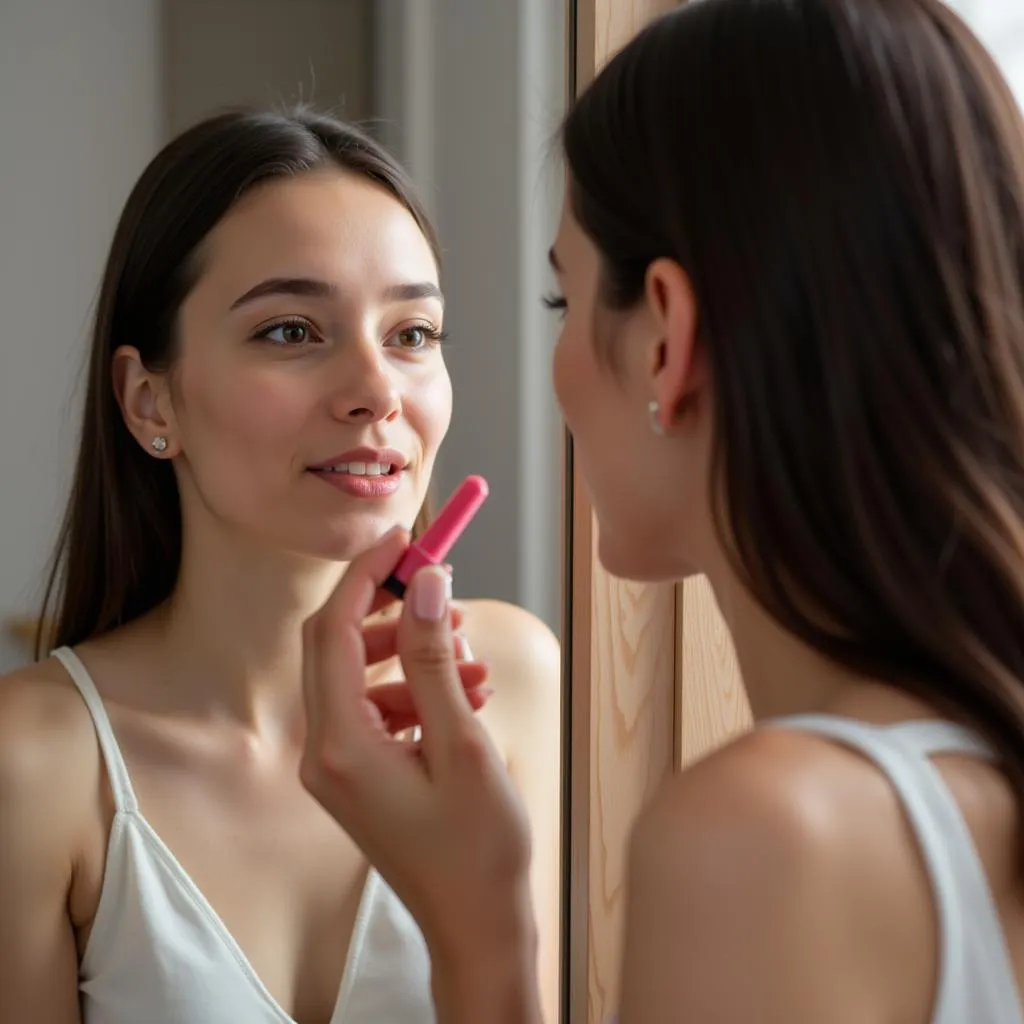 Woman thoughtfully applying lip gloss