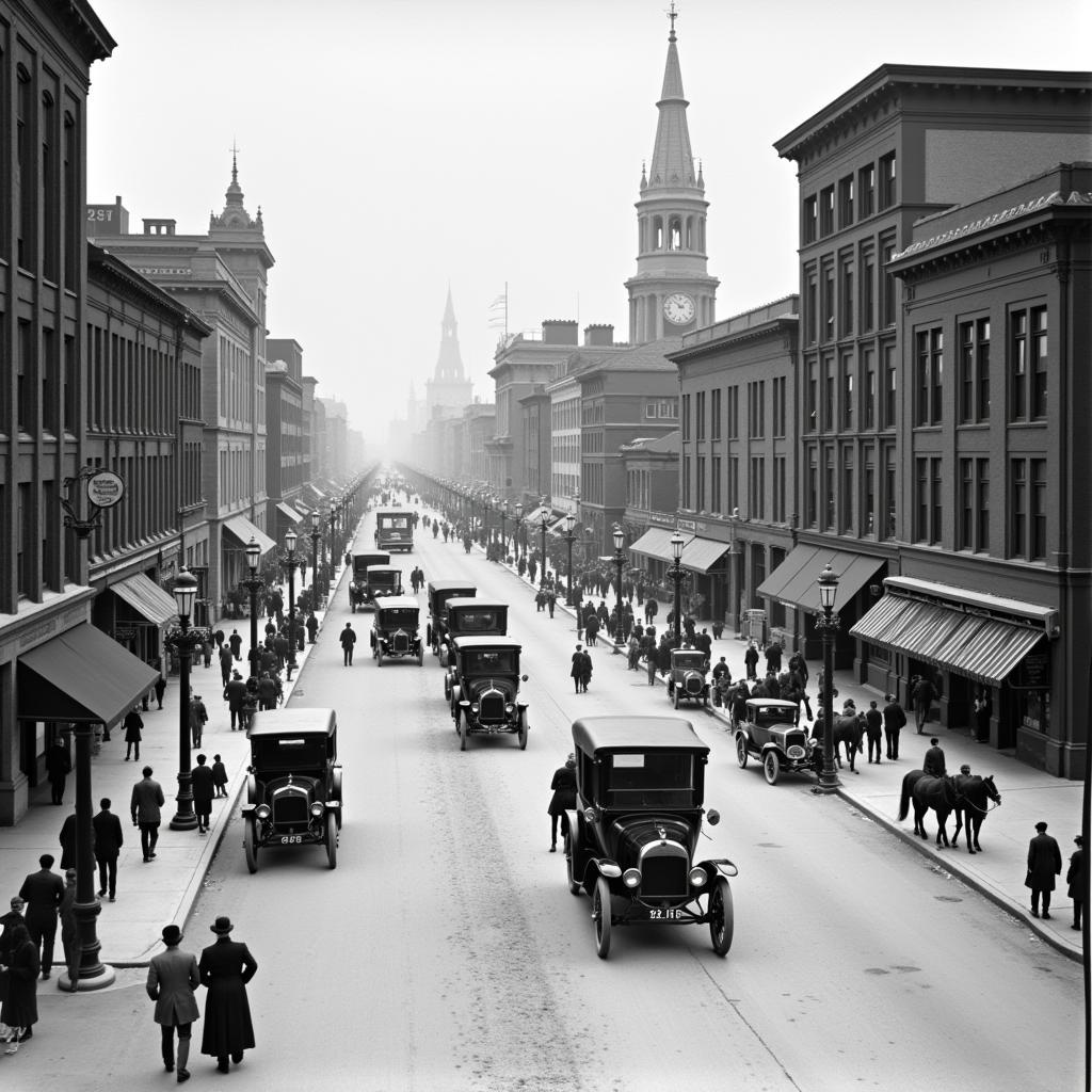 Bustling street scene in Detroit, 1901