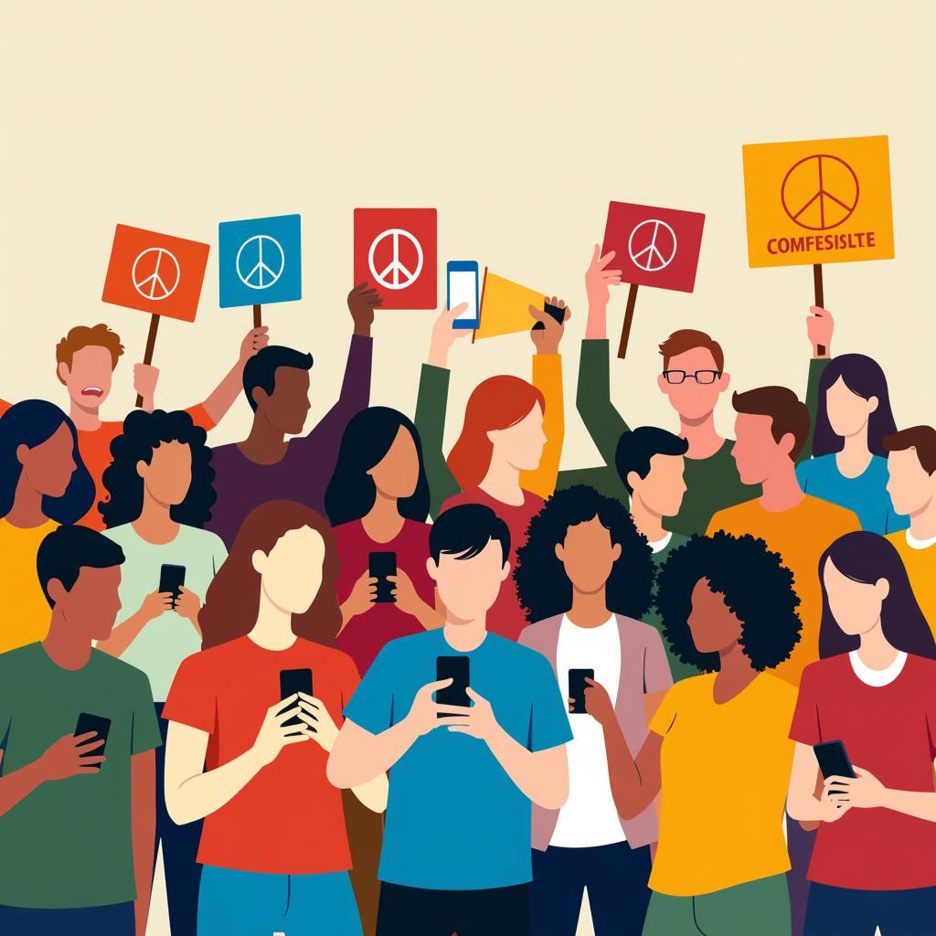 Diverse group of people holding signs with peace symbols and using mobile devices.