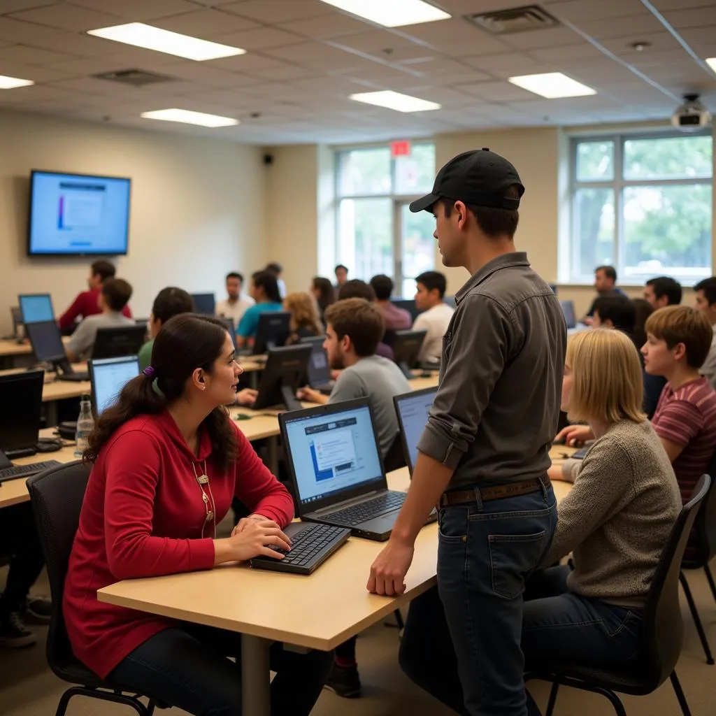 A diverse group of people learning computer skills together