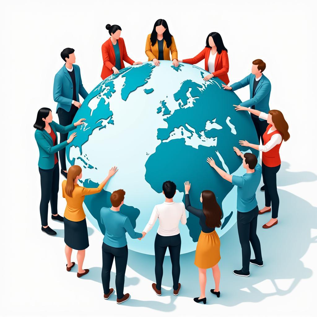 Diverse individuals connecting through a digital globe