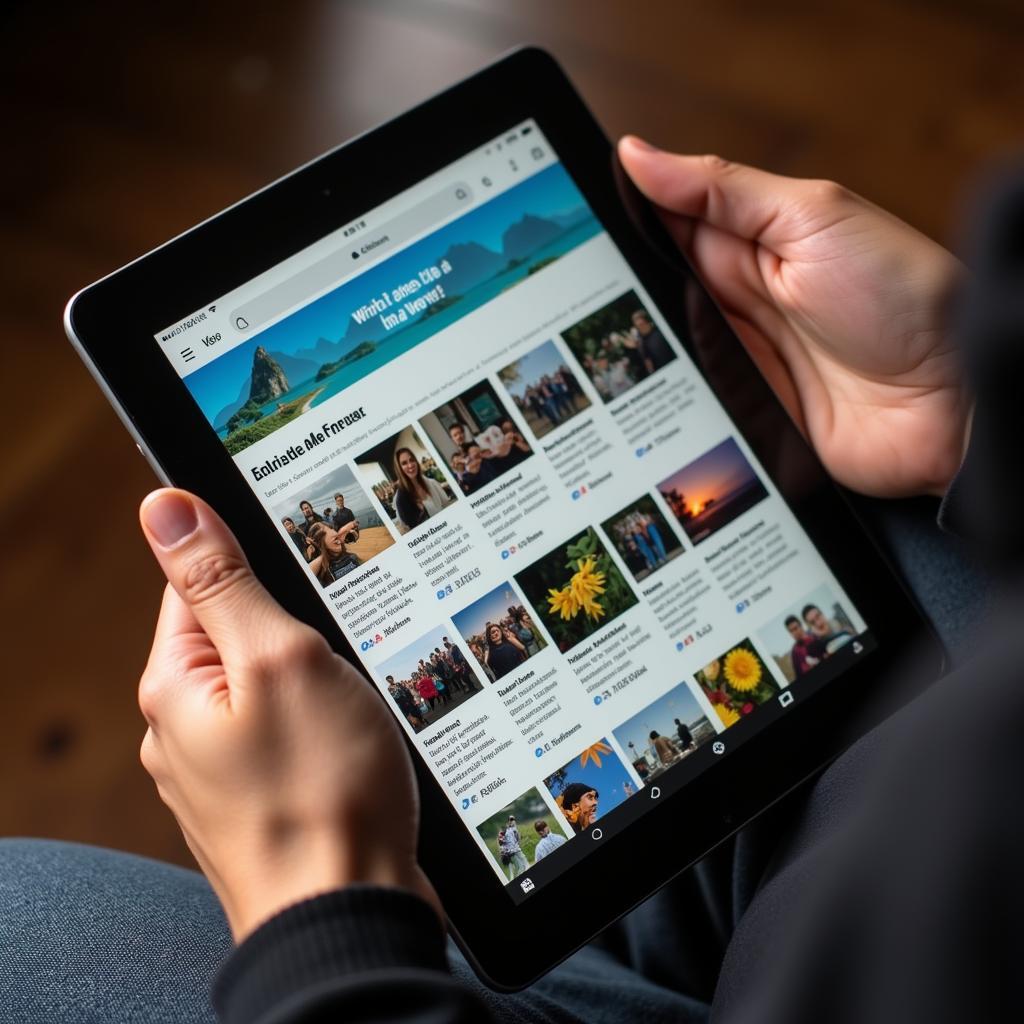 Hands holding a tablet displaying diverse stories