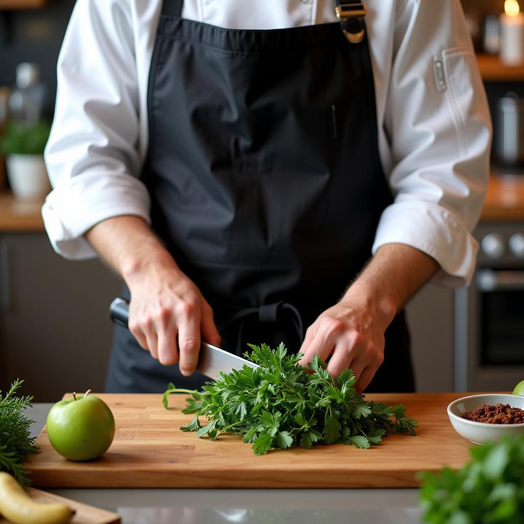 A chef in a Dish Society kitchen carefully preparing a meal with fresh ingredients