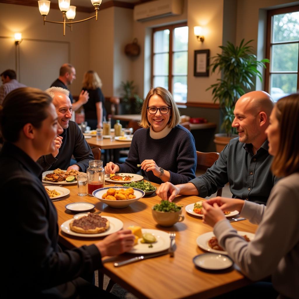 Friends laughing and enjoying a meal together at a Dish Society restaurant