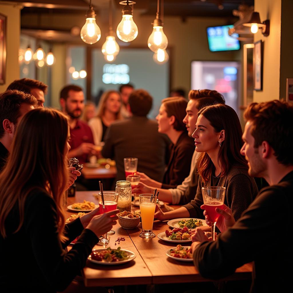 Friends enjoying drinks and conversation at Dish Society happy hour