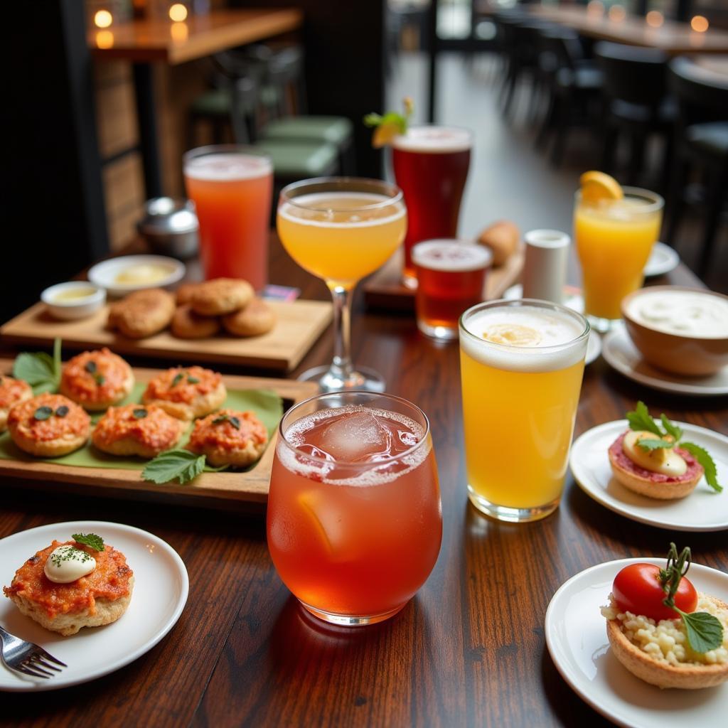 Colorful cocktails and craft beers on a table at Dish Society