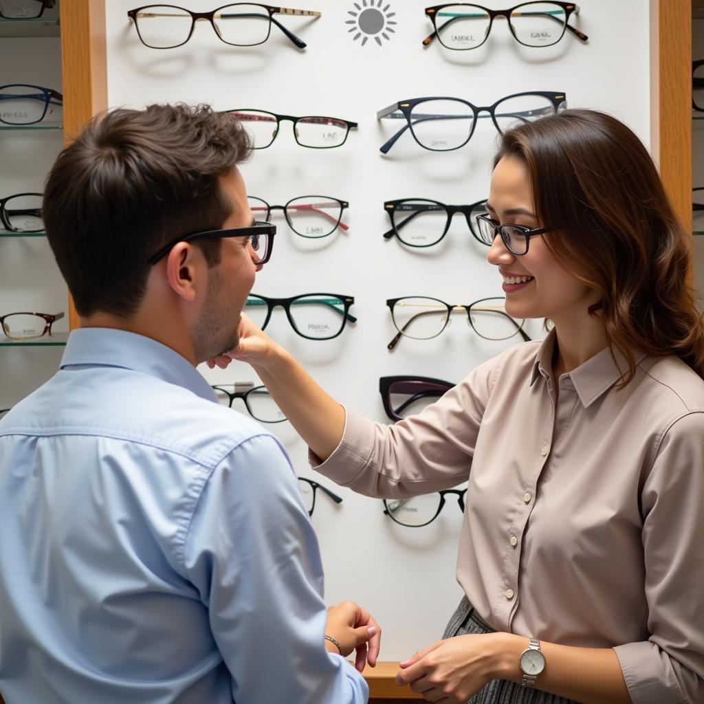 Dispensing optician assisting a patient with frame selection