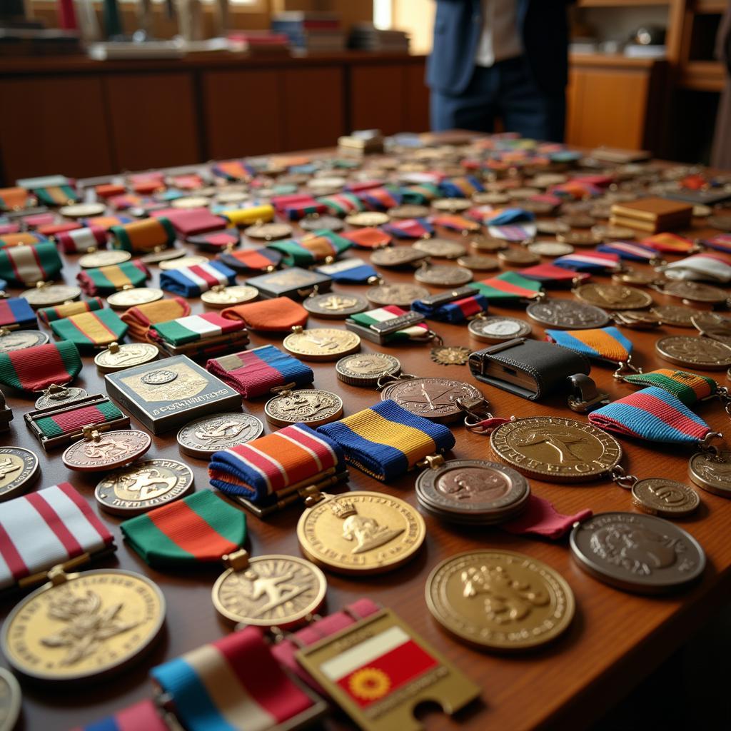 A display of various society medals from around the world.