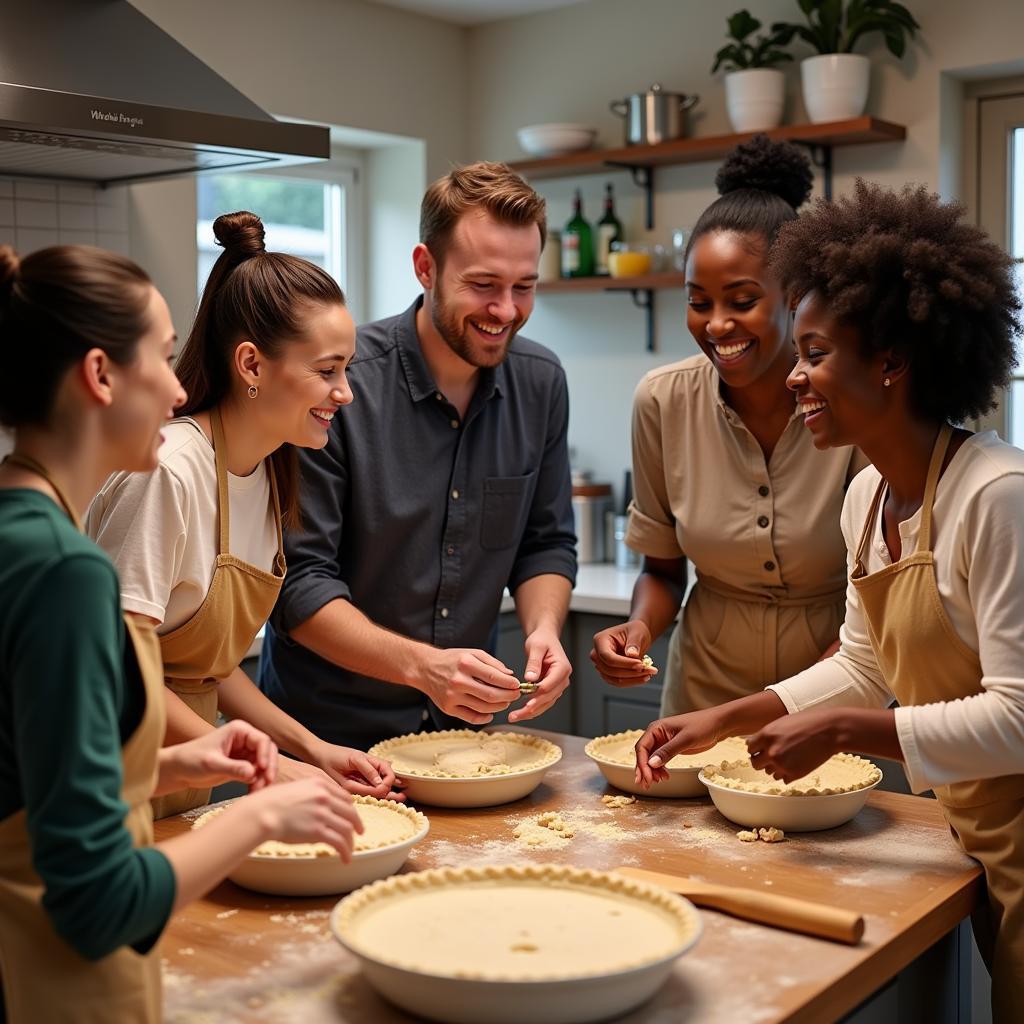 Diverse group smiling and baking pies together