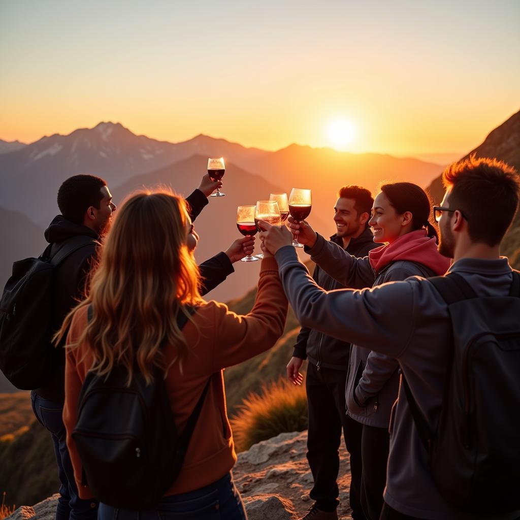 A diverse group of people celebrating on a mountaintop, raising their wine glasses in a toast.