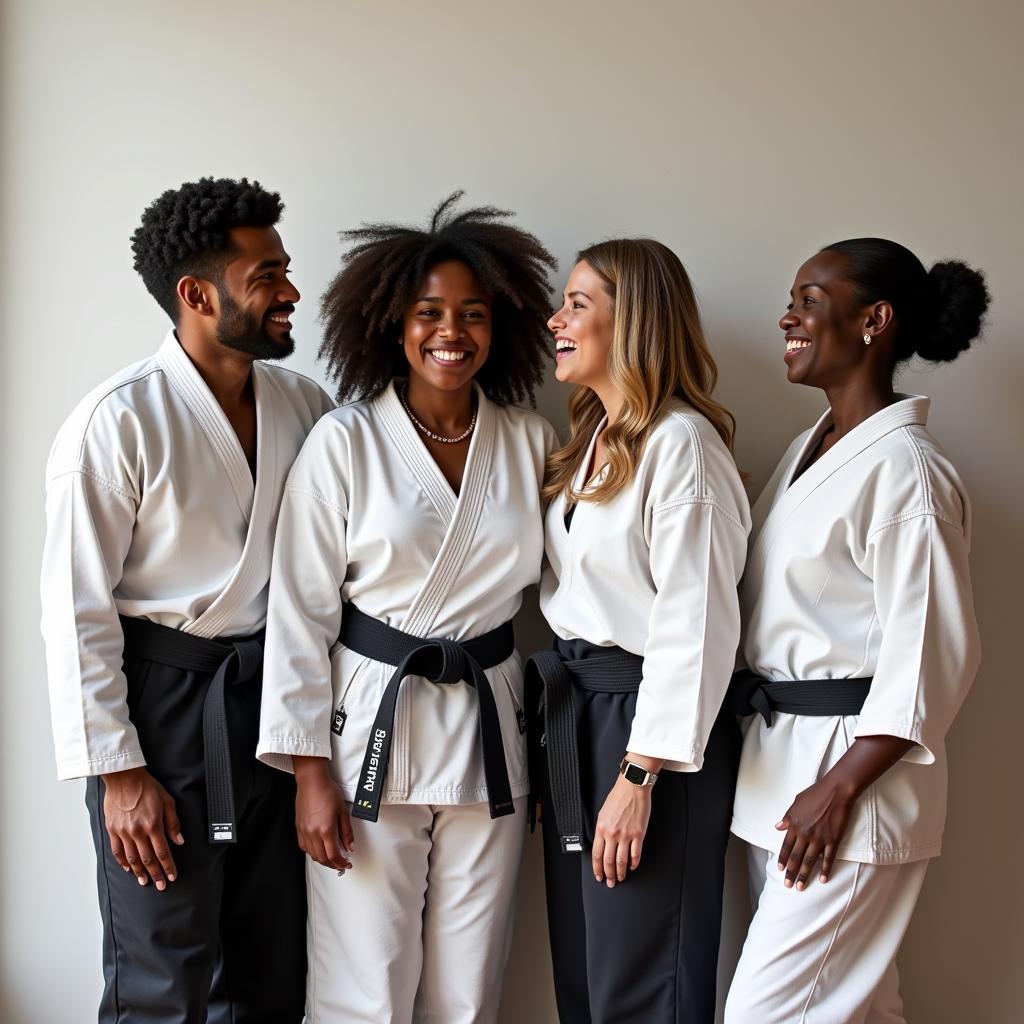 Diverse group of people smiling in their jujutsu uniforms