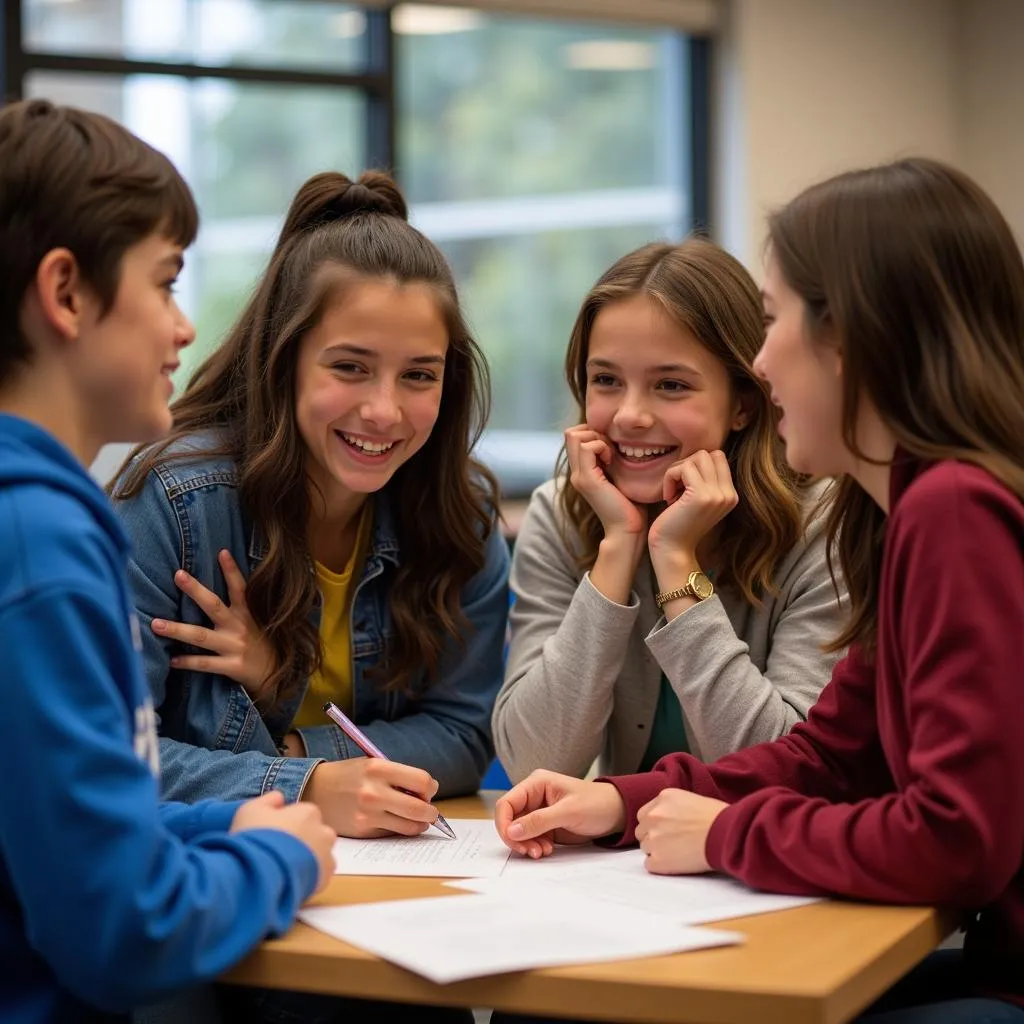 Diverse group of Junior High Honor Society students collaborating on a project