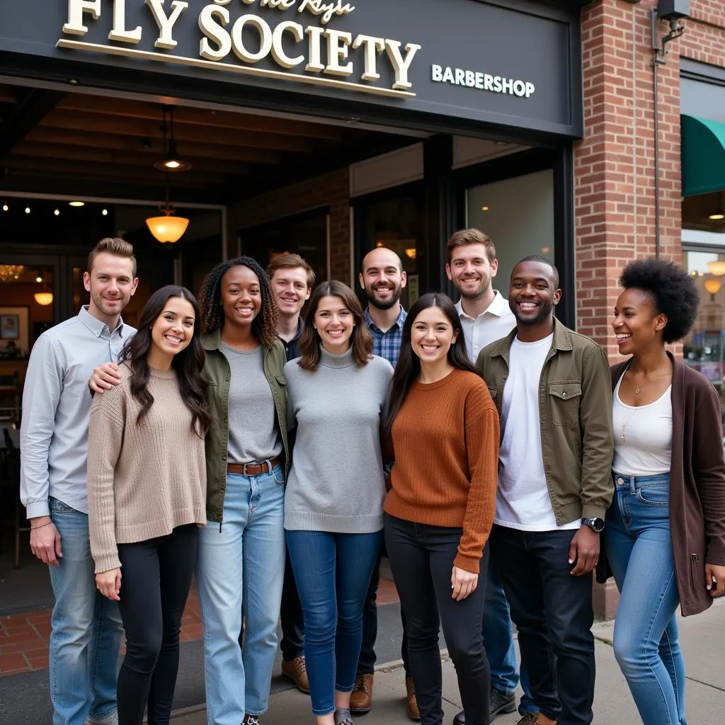 Diverse group of people smiling outside a Fly Society Barbershop