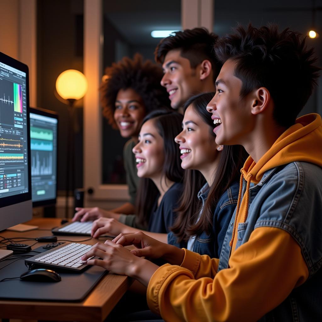 Diverse group of students collaborating on an audio project