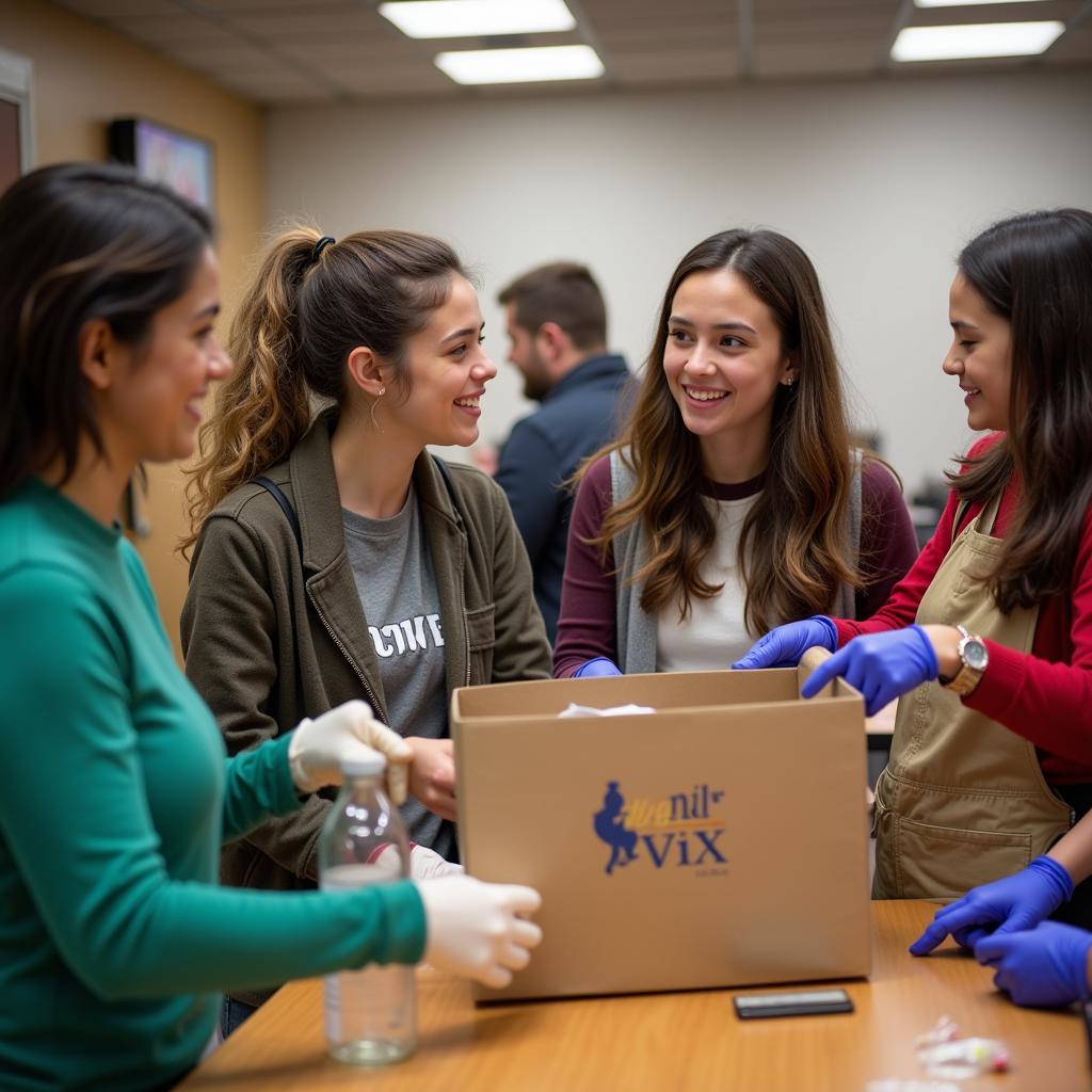 A diverse group of students volunteering at a local food bank, wearing matching t-shirts and sorting canned goods.