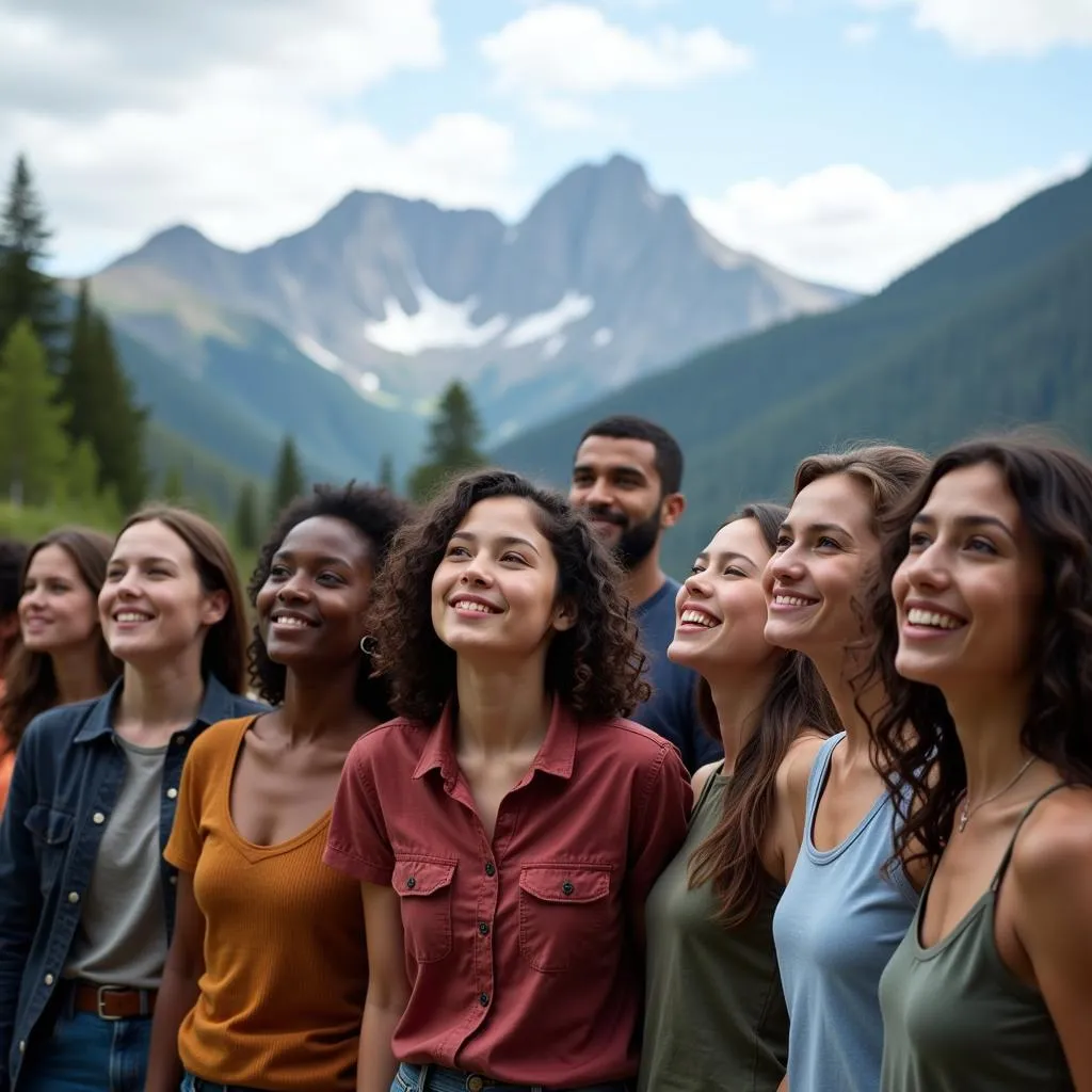 Diverse group of people admiring a mountain view