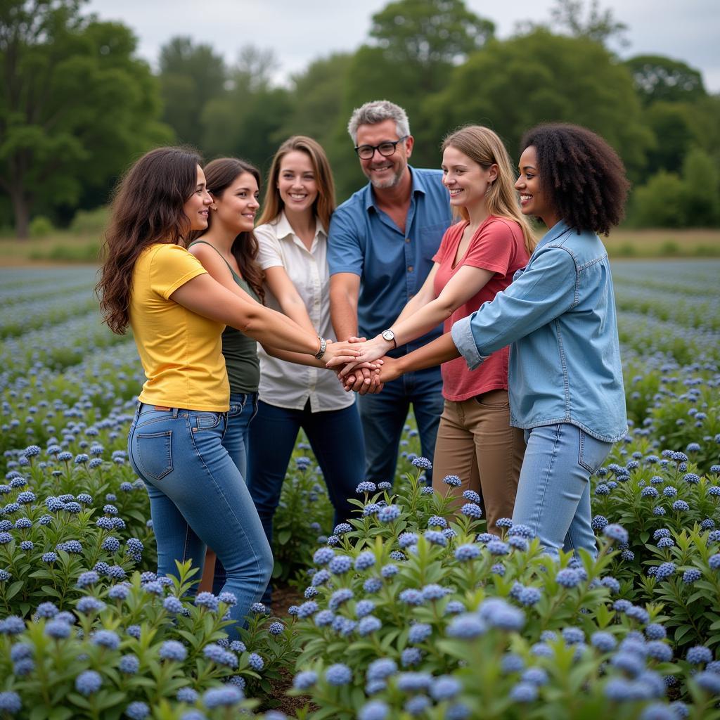 Diverse Group of People Holding Hands in a Blueberry Field