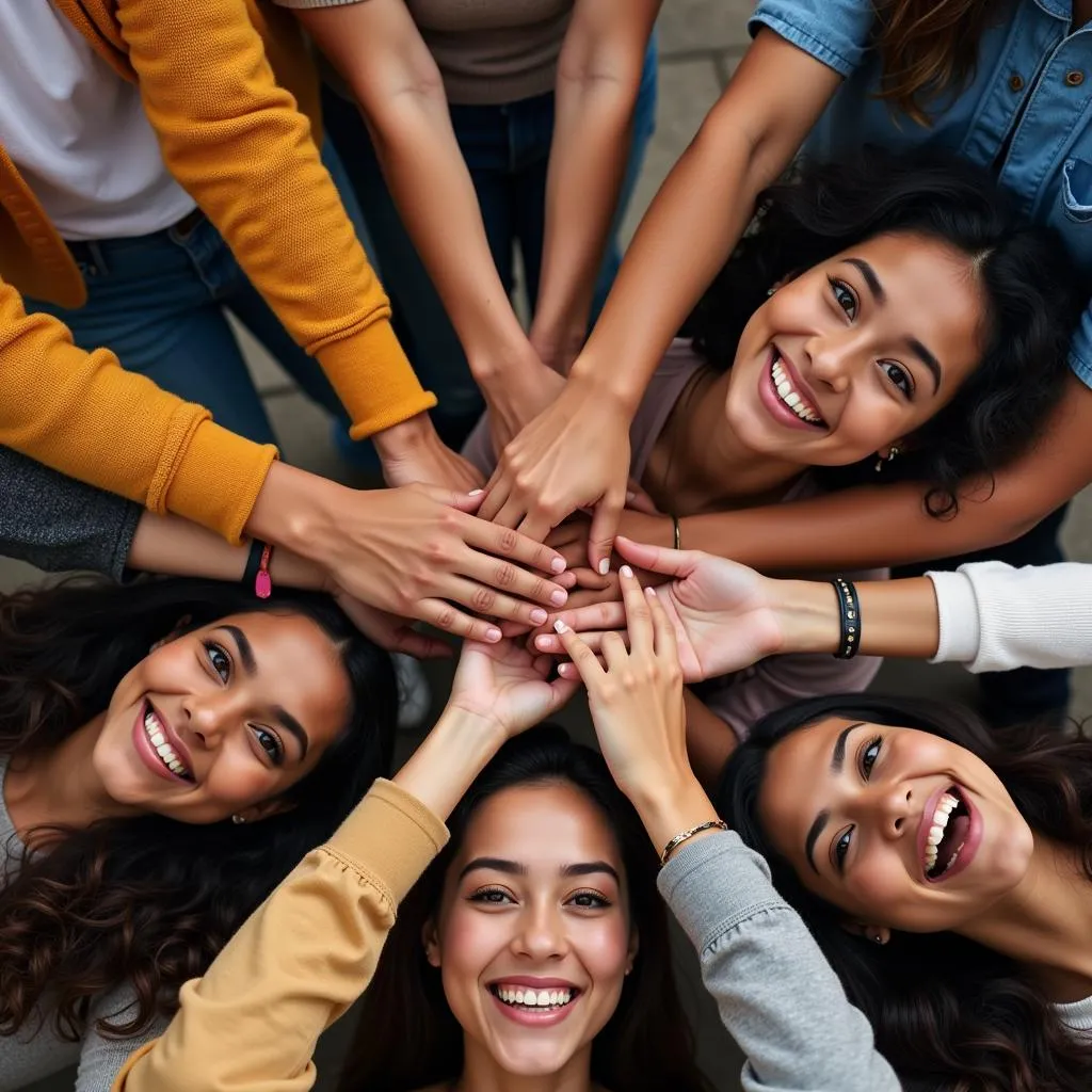 Diverse group of people holding hands and smiling