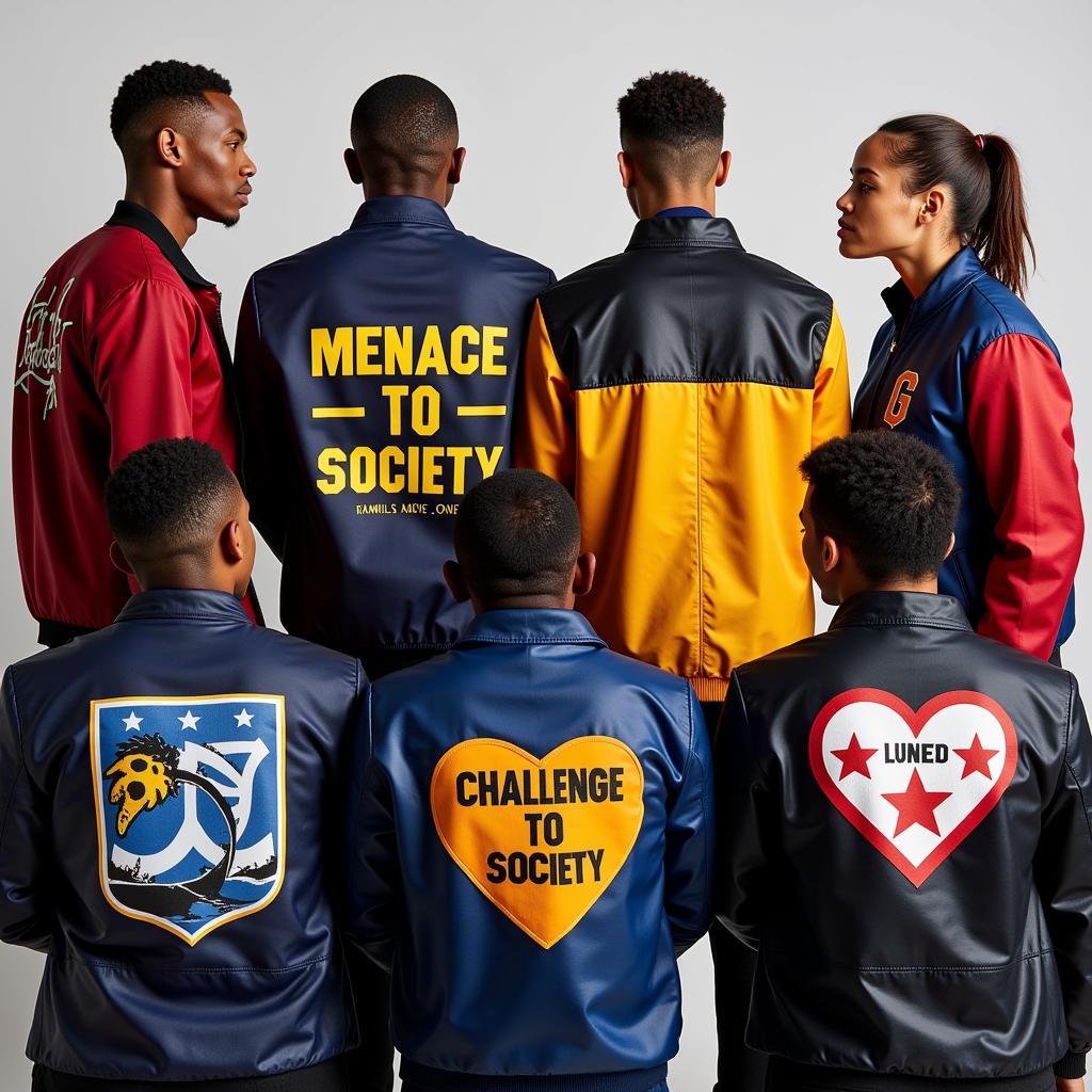 Diverse group of people wearing customized "menace to society" jackets