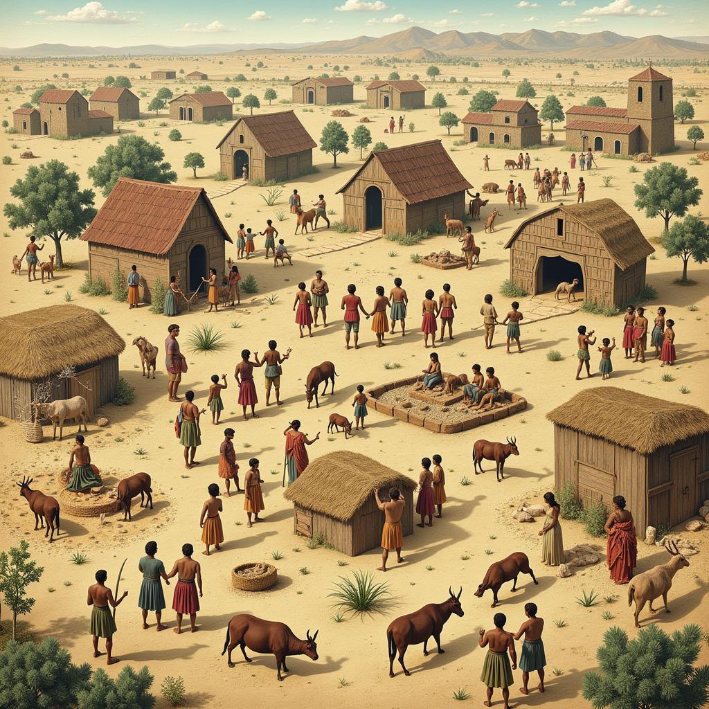 Image illustrating the variations in social structures, religious practices, and technologies across different early agricultural societies.