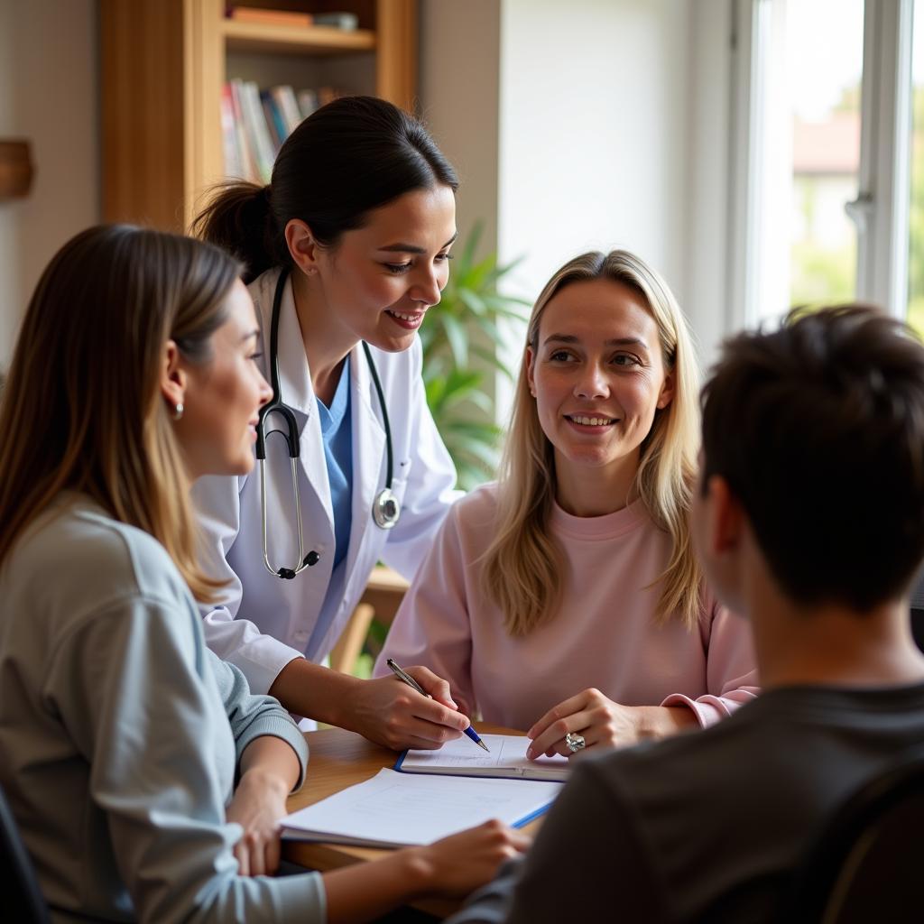 A doctor sits down with a patient and their family member, engaging in a compassionate and open conversation.