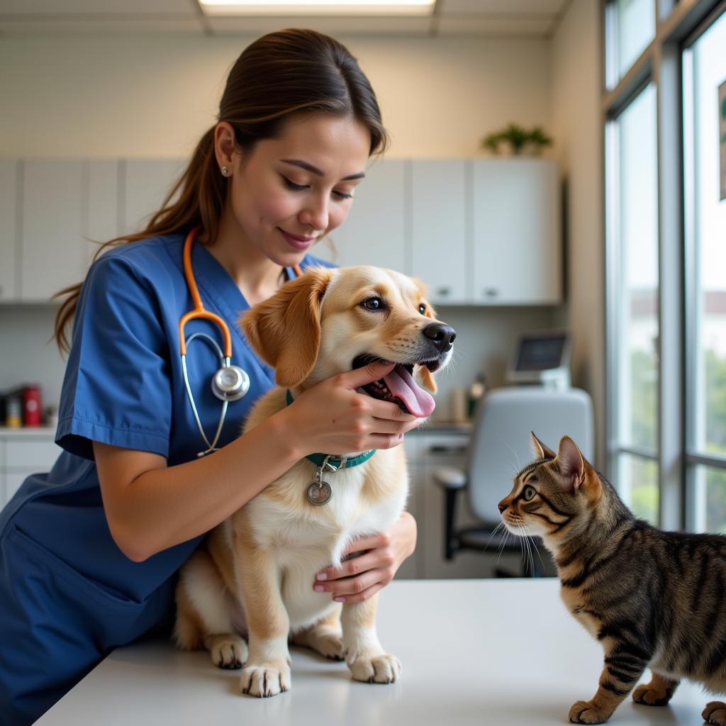  A veterinarian examining a dog and a cat