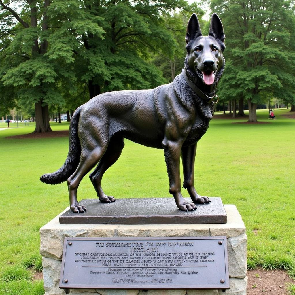 Life-sized dog statue in a park, commemorating a canine hero that saved a child.