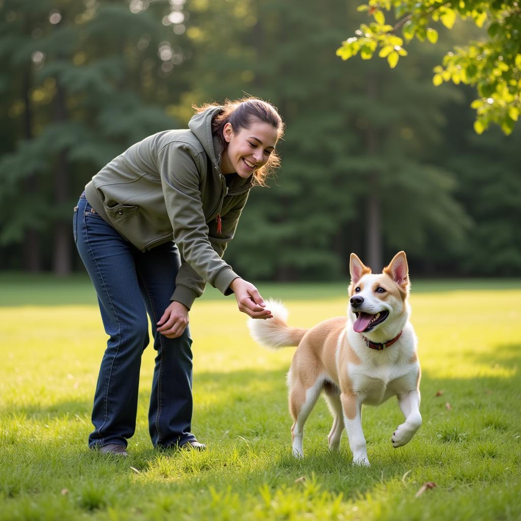 A happy dog enjoys a game of fetch at the Skowhegan Humane Society