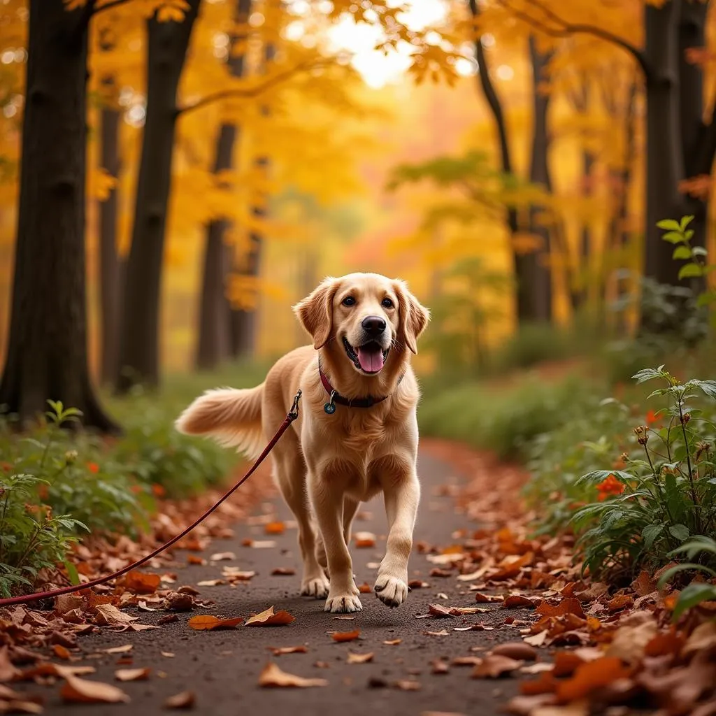 Dog walking through autumn leaves