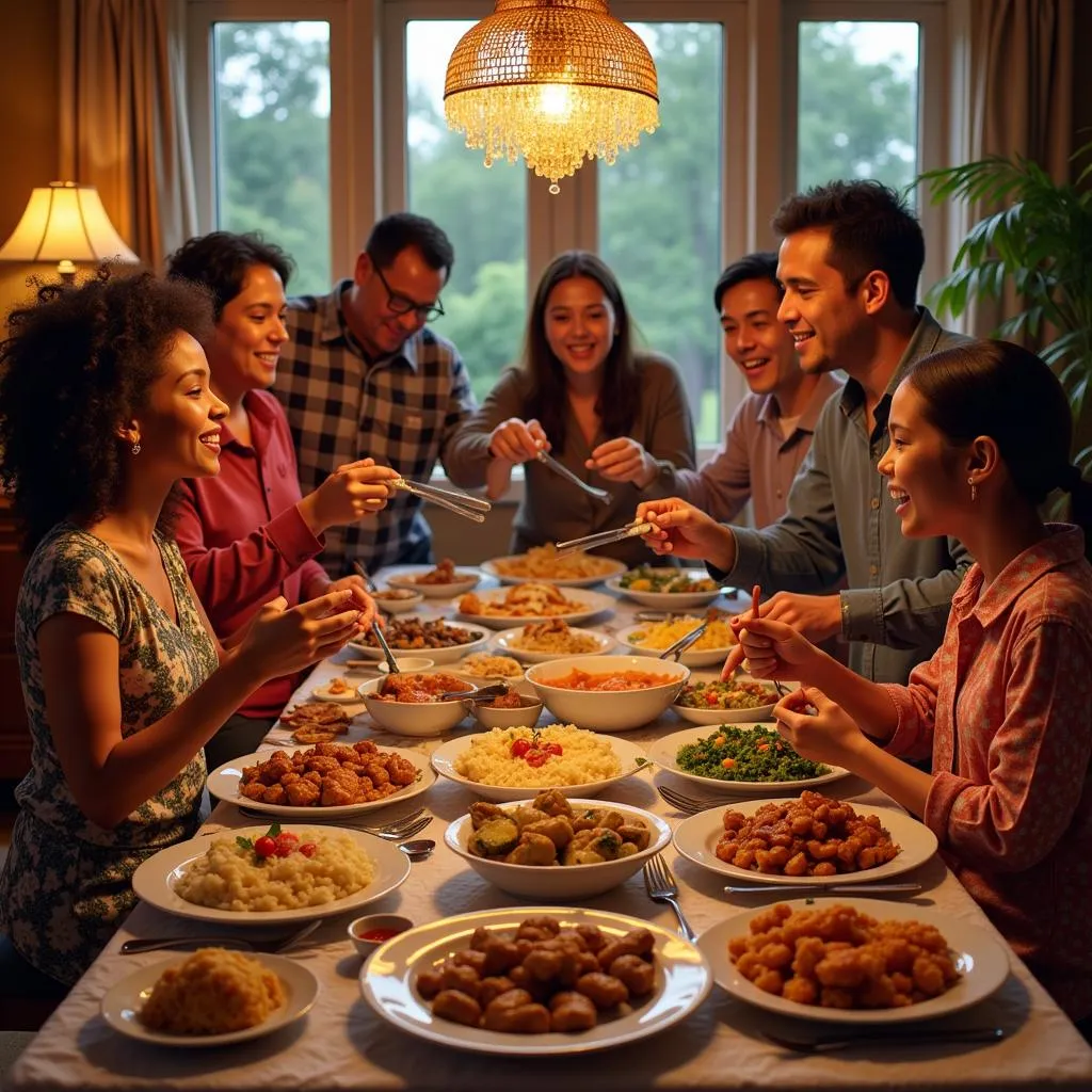 Dominican American family celebrating their heritage with traditional food, music, and dance