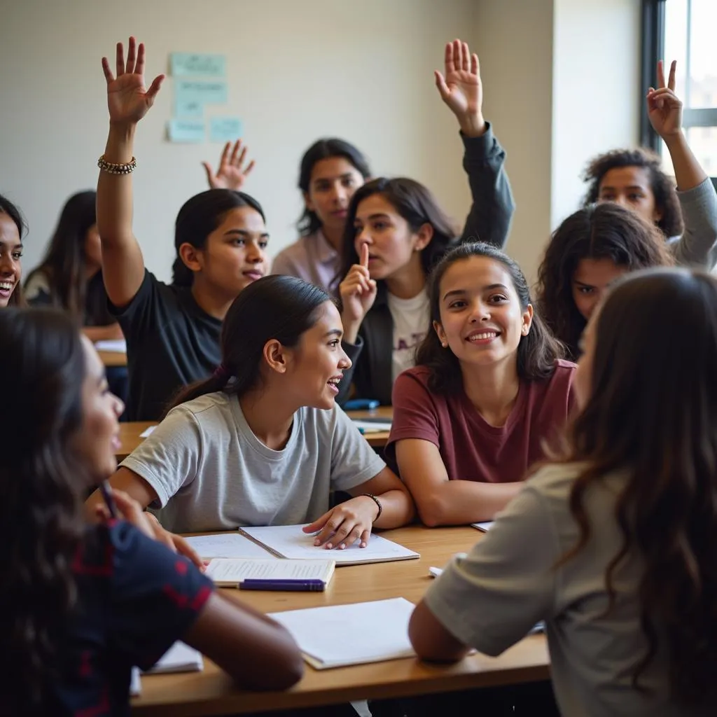 Dominican American students engaged in a lively classroom discussion