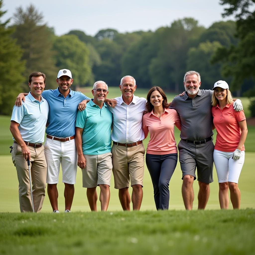 Diverse group of people enjoying a round of golf on a lush green Donald Ross course