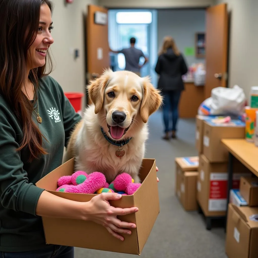 Person smiling while donating supplies at the Humane Society Pensacola