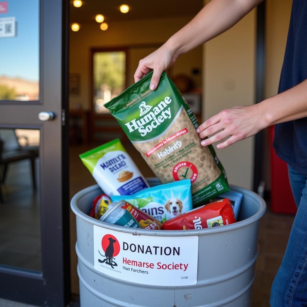 A person donates pet food at the Humane Society Las Cruces